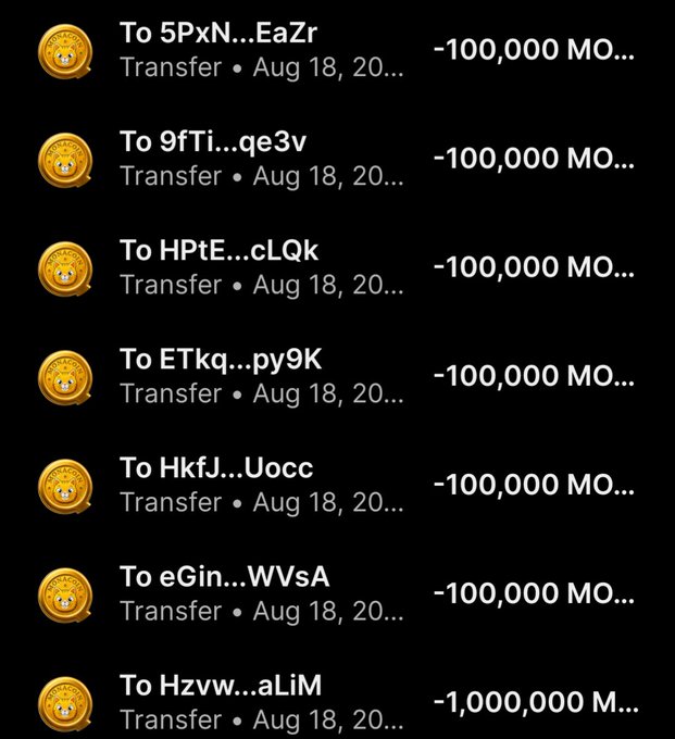 A screenshot of a crypto transaction history displaying multiple transfers of 100,000 and 1,000,000 "MO" (Monacoin) sent to various wallet addresses on August 18, purportedly showing airdrop distributions to participants as promoted in the post.