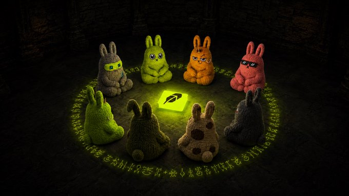 Eight plush bunny figurines sit in a glowing green circle around a luminous leaf emblem, with cryptic runes inscribed along the ring—evoking a secret ritual that welcomes players into the $BUNNY community, where spinning, winning, and earning are the path to true "Bunnyhood."