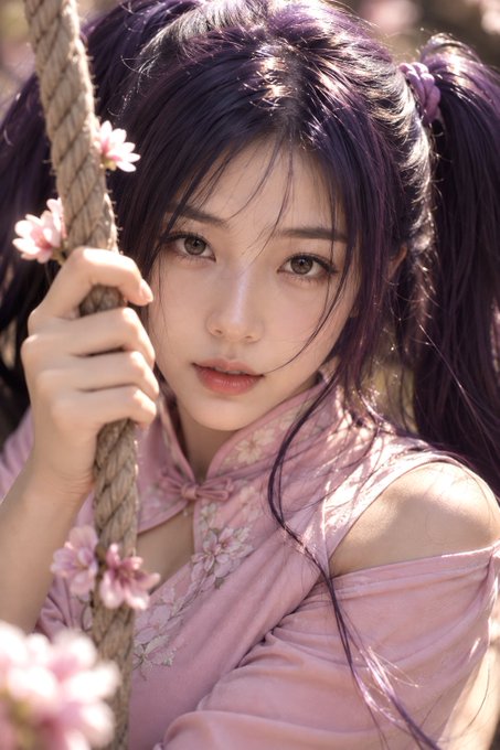 A young woman with dark purple hair styled in pigtails holds a rope decorated with pink cherry blossoms, wearing a delicate pink floral dress that evokes a springtime aesthetic.

The image visually echoes the post's message of perseverance leading to beauty—though it depicts spring rather than winter, the blossoms and soft warm lighting suggest the "glorious spring vista" that rewards endurance, symbolizing hope and renewal.