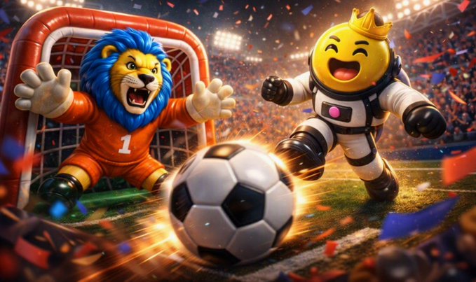 A vibrant digital illustration depicts a soccer match between a lion-like goalkeeper in an orange jersey and a yellow crowned emoji character in a spacesuit kicking a glowing soccer ball on a confetti-filled stadium field.
