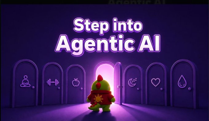 A 3D-rendered graphic titled 'Step into Agentic AI' showing a small green dinosaur character in a red hoodie standing before seven arched purple doors, each bearing a different icon like a person, apple, moon, and heart.