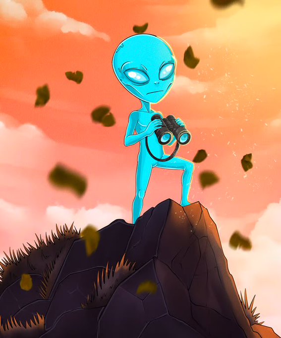 A digital illustration of a blue alien with large white eyes standing on a rocky peak, holding binoculars, against an orange sunset sky with falling leaves.
