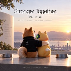 Two plush mascots—a black dog and a yellow/orange cat—embrace on a balcony overlooking a coastal city at sunset, with the tagline "Stronger Together. INU x AI – Disparate minds, a balanced tomorrow" displayed prominently. The image visually represents the post's message about a newly opened INU/AI liquidity pool that allows seamless trading between the two tokens, with each token supporting the other to grow the ecosystem's TVL and trading volume.