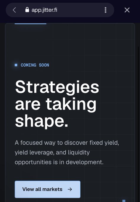 A mobile screenshot from app.jitter.fi with a 'COMING SOON' announcement stating 'Strategies are taking shape,' describing a focused way to discover fixed yield, yield leverage, and liquidity opportunities.