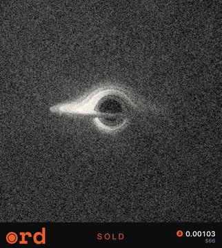 A grayscale image showing a luminous swirling object resembling a black hole or celestial phenomenon against a dark background, with the text "rd", "SOLD", and "0.00103" at the bottom.