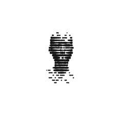 A minimalist black and white illustration of a light bulb composed of horizontal lines and dots forming its shape.