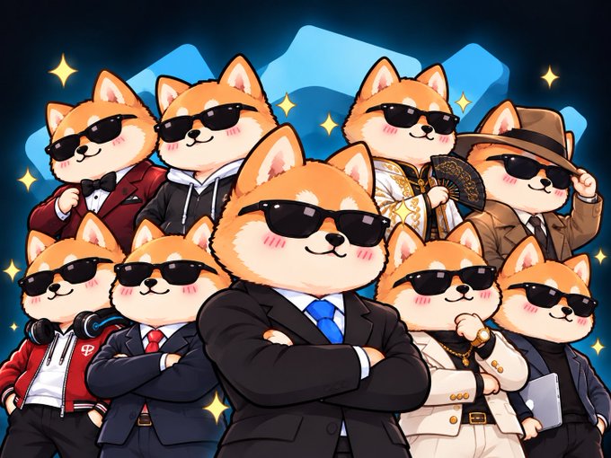 A group of stylized Shiba Inu dogs wearing sunglasses and various outfits (including suits and hoodies) pose confidently against a starry blue background. The image complements the "$STONKINU" post by presenting the token's mascot as a coordinated, cult-like crew ready to rally the community.