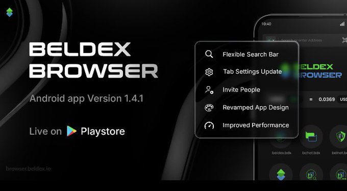 A promotional banner for Beldex Browser Android app version 1.4.1, available on Play Store, highlighting features like Flexible Search Bar, Tab Settings Update, Invite People, Revamped App Design, and Improved Performance.
