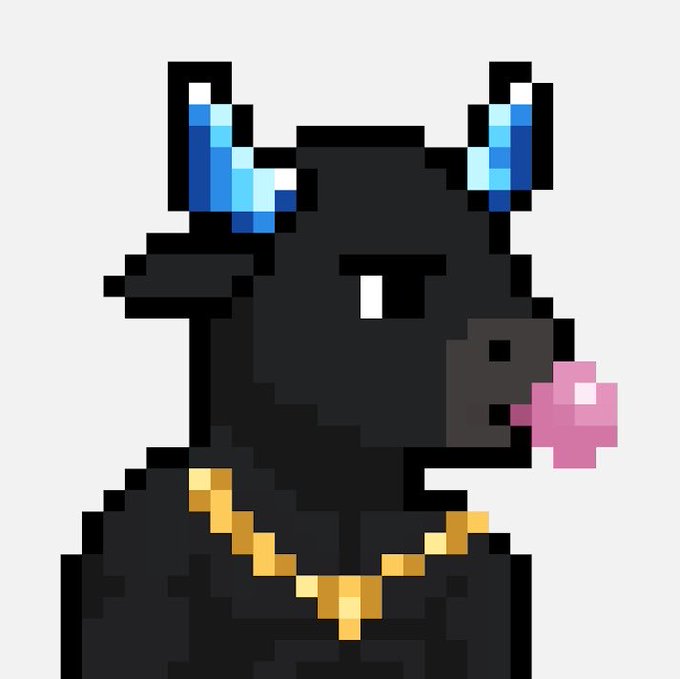 Pixel art of a black bull with blue glowing horns and a gold chain necklace, appearing to blow a pink bubblegum bubble.