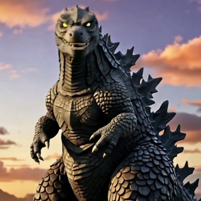 A 3D-rendered Godzilla character standing against a sunset sky with clouds, featuring dark scales and glowing yellow eyes.