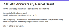 A webpage header for the 'CBD 4th Anniversary Parcel Grant' from Community Building Decentraland, offering 4 parcels of land to celebrate four years.