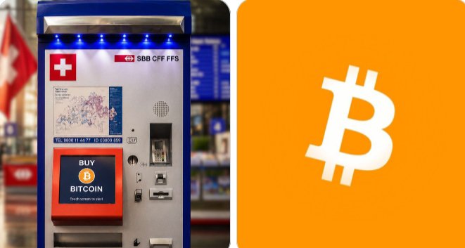 The image shows a Swiss SBB CFF FFS train station ticket machine in Zürich (labeled "Zürich HB") equipped with a "BUY BITCOIN" option featuring an orange Bitcoin logo, paired with a large white Bitcoin "₿" symbol on an orange background—illustrating the post's point about Bitcoin's growing mainstream accessibility in everyday public spaces like Swiss transit stations.