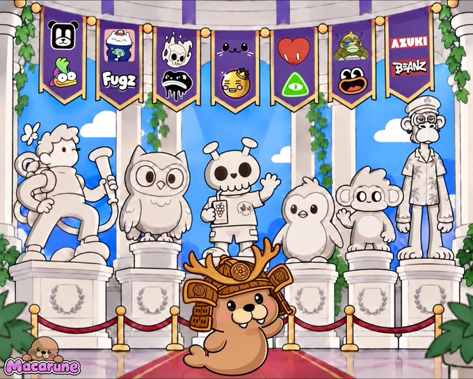 A cartoon illustration labeled 'Macarune' showing various mascot characters as stone statues with a brown bear-like character wearing samurai armor in front, with banners reading 'fugz', 'AZUKI', and 'BEANZ'.