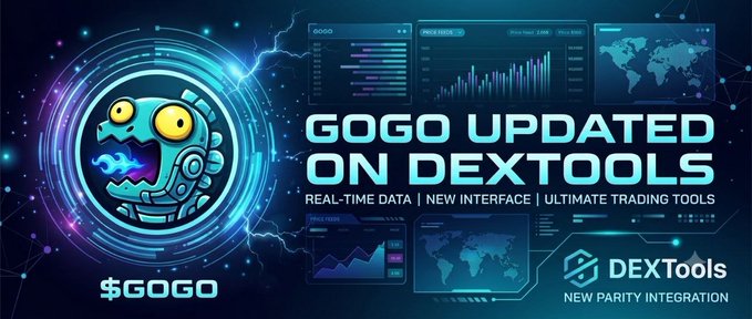 A promotional graphic for 'GOGO UPDATED ON DEXTOOLS' featuring a cartoon character, with text highlighting real-time data, new interface, and ultimate trading tools.