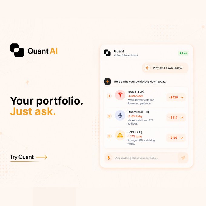 A promotional graphic for 'Quant AI,' an AI portfolio assistant, features the tagline 'Your portfolio. Just ask.' and demonstrates the app explaining daily losses for assets including Tesla (TSLA) -$42B, Ethereum (ETH) -$312, and Gold (GLD) -$156.