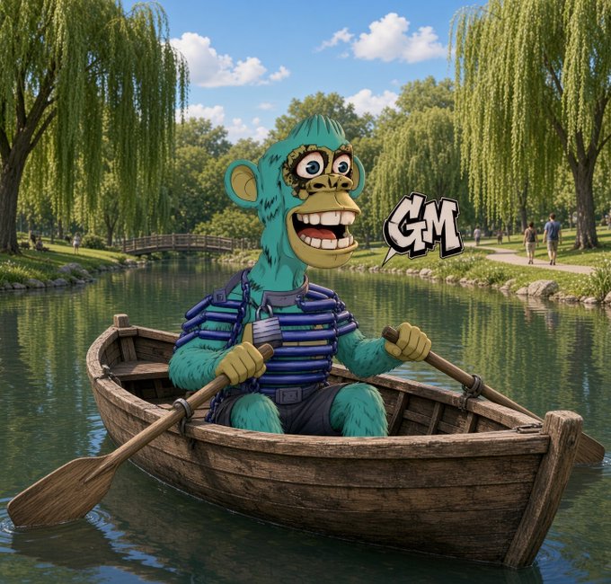A colorful illustration of a teal monkey character wearing a blue life vest and rowing a wooden boat on a peaceful pond, with 'GM' displayed in a speech bubble.