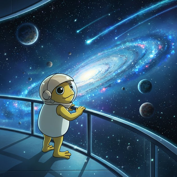 The image features a cartoon frog wearing an astronaut suit standing on a balcony or deck overlooking a spiral galaxy with planets of various sizes, including Earth. The caption below the image reads "Eyes on the stars, feet on the deck, our journey through the cosmos has no limits".