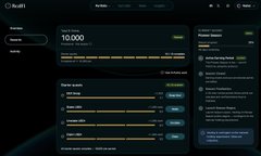 The image shows a dark, futuristic interface with technical readouts, meters, and horizontal bar displays, likely depicting a dashboard or control panel from a tech/crypto-related application. It complements the post celebrating participation in the @realfi_co testnet by EASY1, reinforcing the high-tech, decentralized finance theme of the RealFi accelerator program.