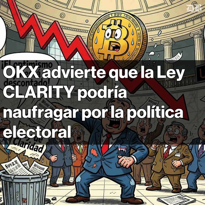 An illustration of politicians arguing around a falling Bitcoin coin with red downward arrows, overlaid with Spanish text stating 'OKX advierte que la Ley CLARITY podría naufragar por la política electoral'.