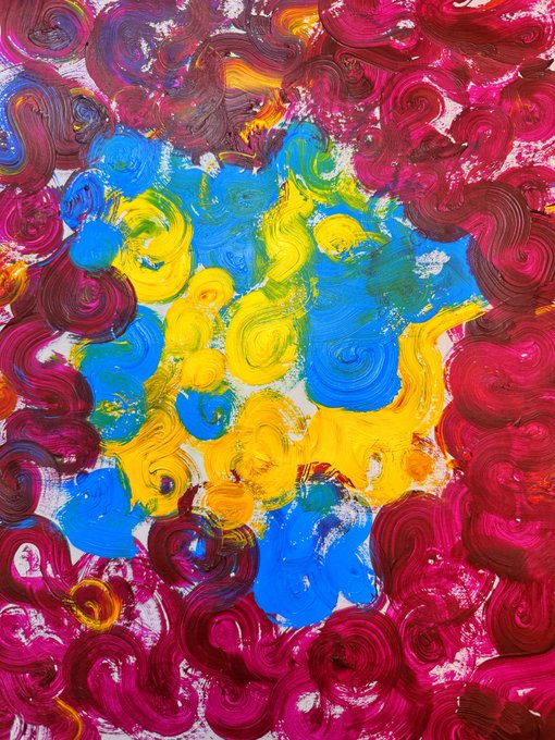 An abstract painting with thick, swirling brushstrokes in vibrant pink, red, yellow, and blue colors creating a dynamic circular pattern.