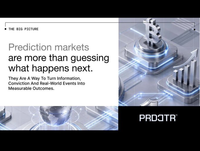 A promotional graphic from PRDCTR titled "The Big Picture" featuring the headline "Prediction markets are more than guessing what happens next," with a subtitle describing them as "A Way To Turn Information, Conviction And Real-World Events Into Measurable Outcomes." The image shows futuristic 3D-rendered platforms displaying a dollar sign and a rising bar chart, visually tying into the post's discussion about the infrastructure ("plumbing") behind prediction market platforms like Polymarket and Kalshi.