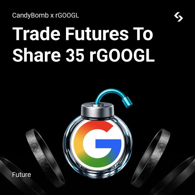 A promotional graphic for CandyBomb x rGOOGL featuring the text "Trade Futures To Share 35 rGOOGL" alongside a bomb illustration displaying the Google "G" logo, with "CandyBomb x rGOOGL" and "Future" labels. The image visually reinforces the Bitget CandyBomb event's message of trading futures to earn a share of 35 rGOOGL rewards between July 21-31, 2026.