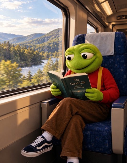 A green frog-like animated character wearing a red shirt, brown suspenders, and brown pants sits on a blue train seat, reading a book titled 'The Good Life' while scenic mountains and a lake pass by the window.