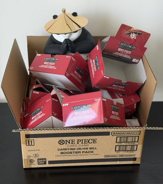 The image shows an opened One Piece TCG "Gear Card Game Cell Booster Pack" box, with multiple red booster pack wrappers scattered inside alongside a small panda plush wearing a bamboo hat. The post humorously reflects on the painful sight of so many ripped booster cases, joking that even the panda plush looks like it's begging them to stop wasting money on the hobby.
