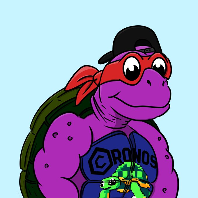 A digital illustration of a purple muscular turtle character wearing a black cap, red mask, and a blue shirt with the 'Cronos' logo and a pixel-art turtle design.