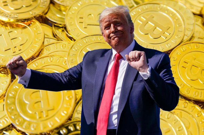 Donald Trump stands triumphantly amidst a pile of golden Bitcoin coins, visually representing the claims of his substantial cryptocurrency earnings. The image directly complements the accompanying text by illustrating the immense wealth associated with cryptocurrency activities.