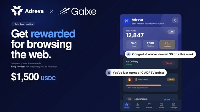 The image features a promotional poster for an app, where the main focus is on the @adreva_network company's website or social media page. The text displayed on the poster reads "Take on the @adreva network 20-Day Attention Challenge Complete daily quests, explore the ecosystem, and earn your shot at the 1,500 $USDC raffle: g.xyz/adreva-20day-q". This encourages users to sign up for the app by entering their information and completing a simple task within the app. The layout of the poster has various elements such as text boxes with different sizes, images, and logos, which are arranged to capture viewers' attention and promote engagement with the app.