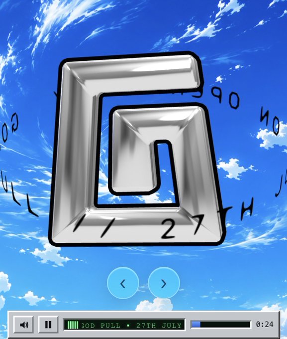 A chrome "6" logo is displayed against a vivid blue sky background with scattered clouds, with the text "SOD PULL • 27TH JULY" and a timestamp of 0:24 visible on the playback bar at the bottom. The countdown-style imagery and "27" prominently featured in the scene reinforce the upcoming July 27 mint date for "TheGodPull" collection mentioned in the post.