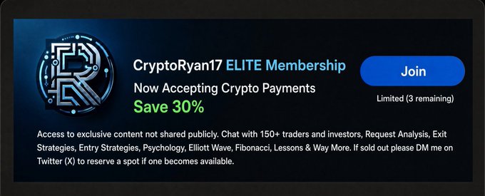 A promotional banner for 'CryptoRyan17 ELITE Membership' accepting crypto payments with 30% savings, advertising access to exclusive content, chat with 150+ traders, analysis requests, and trading strategies, with 3 spots remaining.