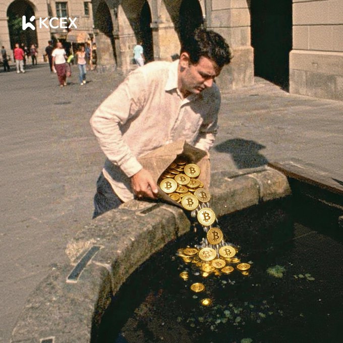 A KCEX cryptocurrency advertisement showing a man pouring a bag of golden Bitcoin coins into a fountain, with the KCEX logo in the top left corner.