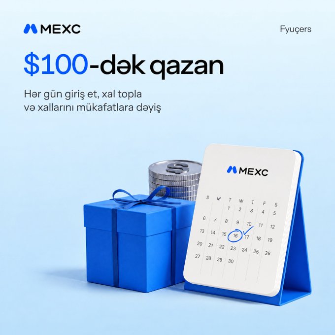 MEXC Azerbaijani promotional graphic reading “$100-dək qazan” and “Hər gün giriş et, xal topla və xallarını mükafatlara dəyiş,” with a blue gift box, coins, and a calendar marked 16.