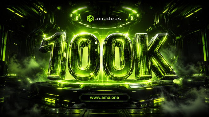 A dark, futuristic 3D graphic in glowing green and black showing the text '100K' and the 'amadeus' logo, with a website URL 'www.ama.one' displayed on a podium below.