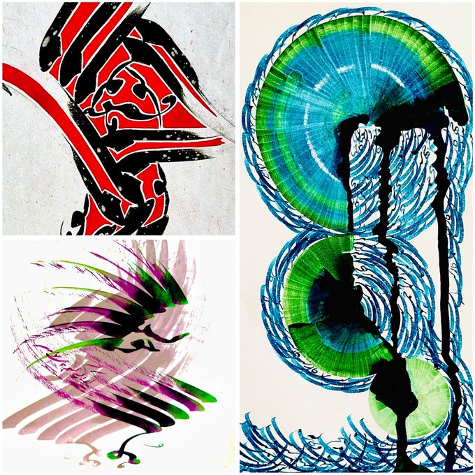 A collage of three abstract artistic compositions: red and black sweeping brushstrokes on the top left, colorful purple and green feather-like strokes on the bottom left, and concentric blue and green circular forms with dripping black ink on the right.