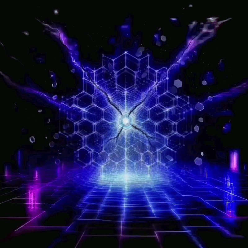 The image features a blue hexagonal pattern with a white center, surrounded by purple lines that create an abstract design. The background of the image is black, which contrasts with the vibrant colors of the hexagons and lines. There are also some text elements in the image, including "Gm Dreamers" written on the bottom left corner and "Fracture Bleed" written on the top right corner. These elements suggest that this image might be related to a post about Fractures or Fracture Bleeds, possibly discussing the concept of energy returning to the signal within a hexagonal pattern.