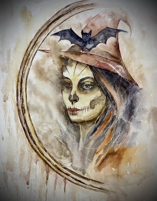 A watercolor-style painting depicts a skeletal-faced witch wearing a pointed hat, with a small bat perched on top, set within a circular frame.