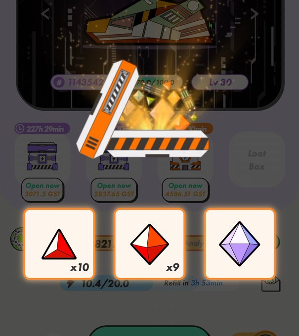 The image shows a close-up of a cell phone screen displaying three different game options for a video game called "Stepn". The first option is an orange triangle, the second one is a red diamond, and the third one is a purple diamond. Each of these shapes has a number associated with it, such as 10, 20, and 30 respectively. The post also mentions that there are ten different options available for this game.