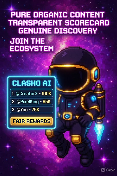 A pixel-art astronaut graphic promoting 'CLASHO AI' with text reading 'PURE ORGANIC CONTENT TRANSPARENT SCORECARD GENUINE DISCOVERY JOIN THE ECOSYSTEM' and a leaderboard listing @CreatorX - 100K, @PixelKing - 85K, and @You - 75K.