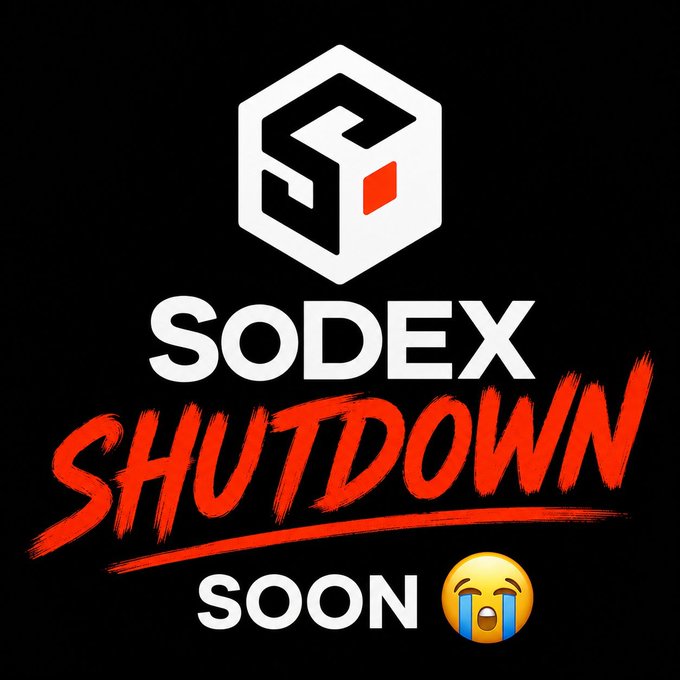 A digital graphic on a black background displaying the 'SODEX' logo with the red text 'SHUTDOWN SOON' and a loudly crying face emoji.