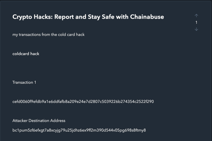 A dark-themed page titled 'Crypto Hacks: Report and Stay Safe with Chainabuse' displaying 'coldcard hack' information including Transaction 1 hash 'cefd0060f9efdb9a1e6ddfafb8a209e24e7d2807c5039226b274354c2522f290' and an attacker destination address beginning 'bc1pum5zf6efxgt7a8xcyjq79u25jdhz6ex9ff2m390d544v05pq6988ftmy8'.