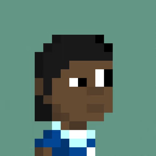 A pixel art character portrait of a dark-skinned individual with short black hair, wearing a blue and white striped shirt, against a teal background.