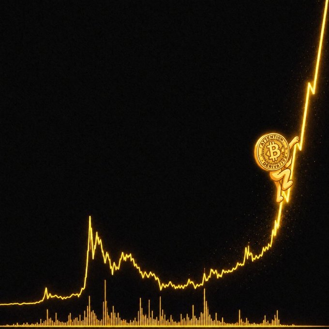 A stylized yellow/gold Bitcoin price chart on a black background showing a sharp upward spike, with a cartoon Bitcoin coin character climbing the trendline.