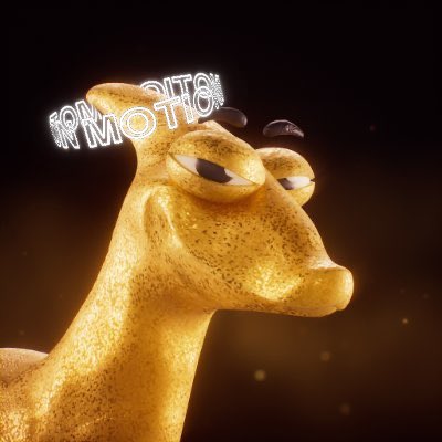 A golden dinosaur-like character with a sleepy expression stands in front of a glowing neon sign that reads 'IN MOTION'.