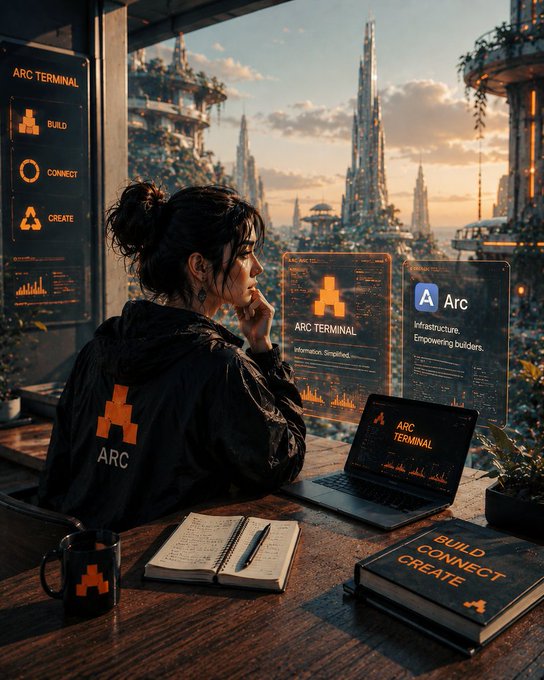 A person wearing a black "ARC" branded jacket sits thoughtfully at a wooden desk overlooking a futuristic cityscape, surrounded by ARC Terminal displays and merchandise featuring the slogans "Build, Connect, Create."

The image visually reinforces the post's message about slowly discovering quality Web3 products like @TheARCTERMINAL and @arc, with the contemplative pose and the gradual reveal of the futuristic cityscape through the window mirroring the theme of products revealing themselves over time rather than immediately impressing.