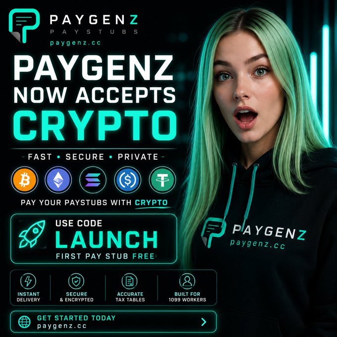 A PayGenz promotional advertisement announcing that PayGenz now accepts crypto, featuring a woman with green hair and a PayGenz hoodie, offering code LAUNCH for first pay stub free, targeting 1099 workers.
