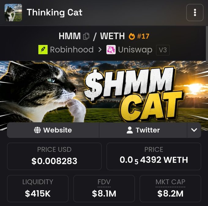 The image shows a cryptocurrency token page for "Thinking Cat" (HMM) trading on Uniswap V3 via Robinhood, with a current price of $0.008283 and a market cap of $8.2M. The post references another buy order being filled on the $HMM token, aligning with the displayed trading details of the meme coin.