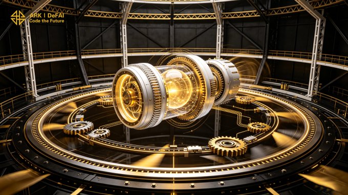 A futuristic 3D-rendered mechanical chamber with rotating gold gears and a glowing core, featuring the watermark 'ARK | DeFAI - Code the Future.'